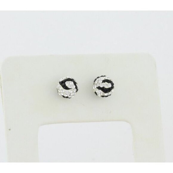 14k White Gold Black & White Crystal Stud Earrings Sparkly Ball - Picture 8 of 9